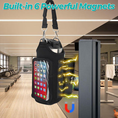 Bolsa magnética para botella de agua, ajustable, para gimnasio, soporte para teléfono con 6 imanes fuertes, bolsillo para pantalla táctil, manos libres, bolsa deportiva para viajes, se adapta a